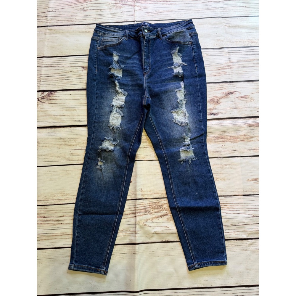 WAX Jean Distressed‎ Skinny Jeans Womens 18 Dark Wash High Rise Shredded Denim